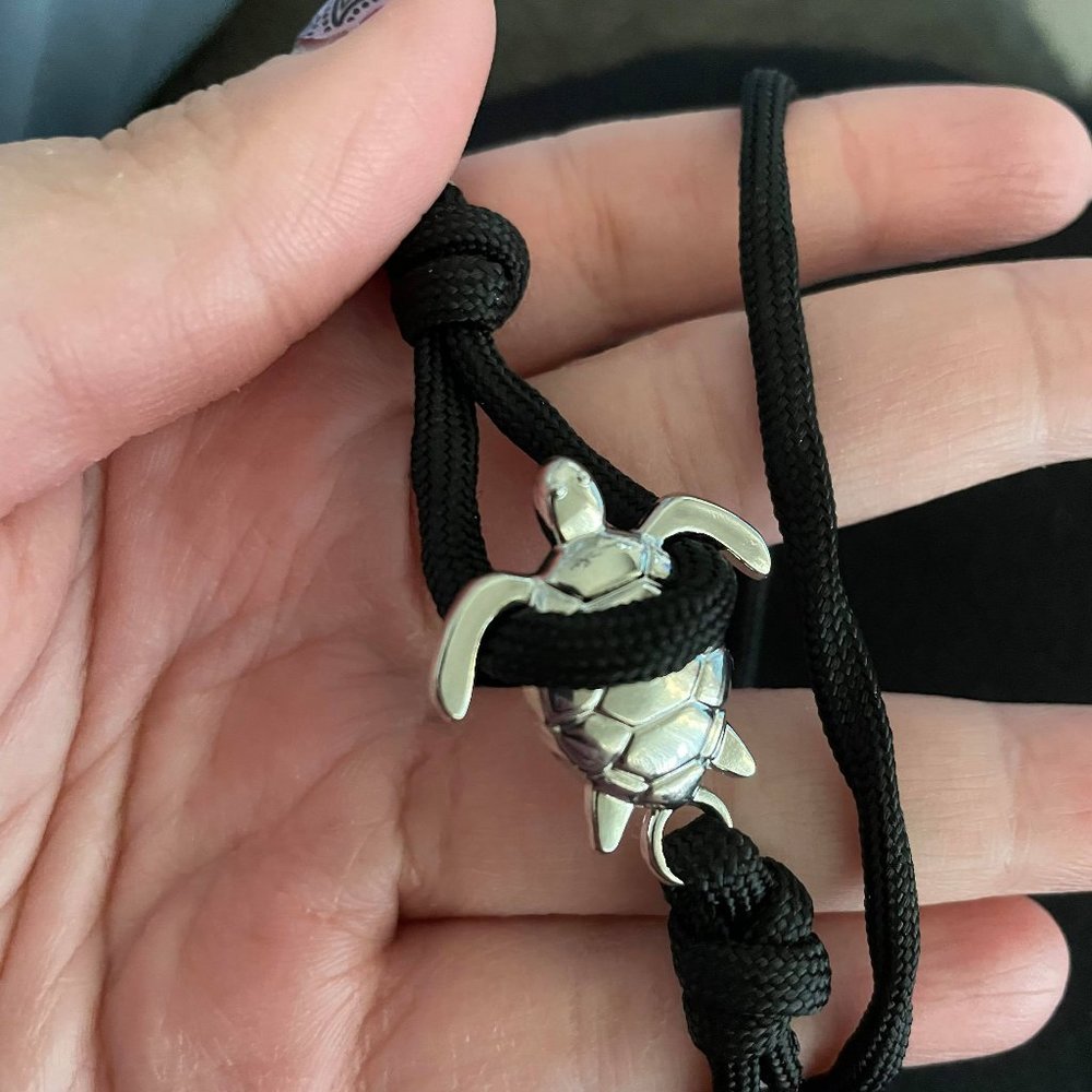 KIDS Black Rope Silver Sea Turtle Bracelet